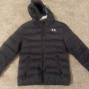 Under Armour Kids Black Puffer Jacket with Pink Logo